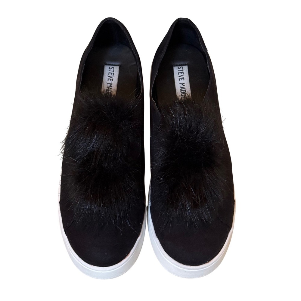 Steve Madden Furbie Black Faux Fur Pom Pom Slip On Platform Sneakers Womens 8.5
